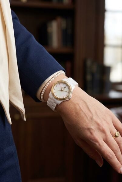 Beverly Hills Polo Club BP3622X.230 Kadın Kol Saati – Beyaz Seramik – 36 mm – Sedef Kadran – Altın Bezel