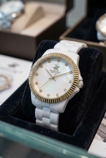 Beverly Hills Polo Club BP3622X.230 Kadın Kol Saati – Beyaz Seramik – 36 mm – Sedef Kadran – Altın Bezel