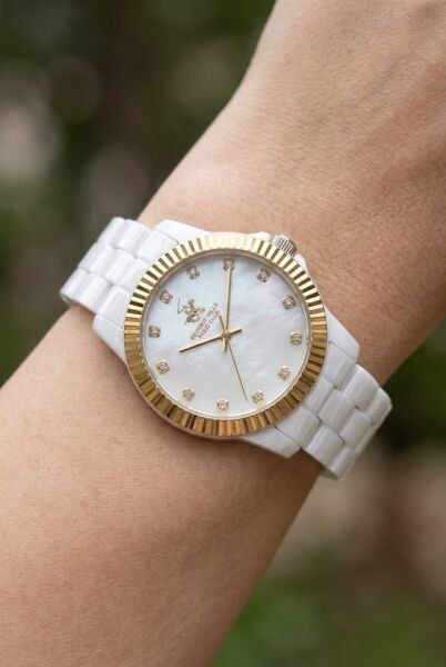 Beverly Hills Polo Club BP3622X.230 Kadın Kol Saati – Beyaz Seramik – 36 mm – Sedef Kadran – Altın Bezel