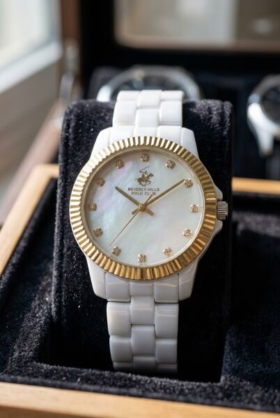 Beverly Hills Polo Club BP3622X.230 Kadın Kol Saati – Beyaz Seramik – 36 mm – Sedef Kadran – Altın Bezel