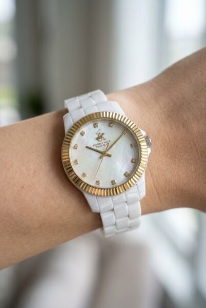 Beverly Hills Polo Club BP3622X.230 Kadın Kol Saati – Beyaz Seramik – 36 mm – Sedef Kadran – Altın Bezel