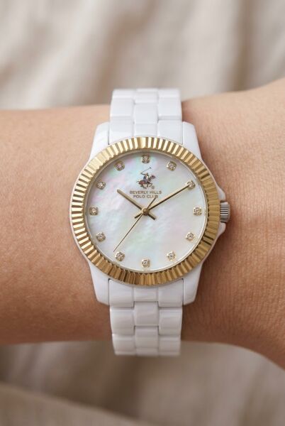 Beverly Hills Polo Club BP3622X.230 Kadın Kol Saati – Beyaz Seramik – 36 mm – Sedef Kadran – Altın Bezel
