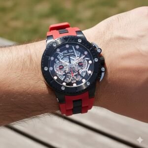 Quantum HNG535.658 Erkek Spor Saat – Siyah Çelik Kasa – Kırmızı Silikon Kordon – Kronograf