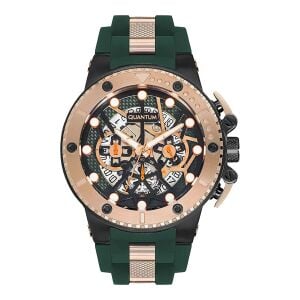 Quantum HNG535.857 Erkek Spor Saat – Rose Gold&Siyah Çelik Kasa – Koyu Yeşil Silikon Kordon – Kronograf
