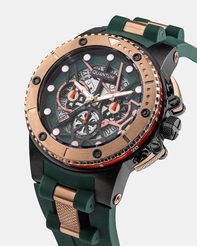 Quantum HNG535.857 Erkek Spor Saat – Rose Gold&Siyah Çelik Kasa – Koyu Yeşil Silikon Kordon – Kronograf