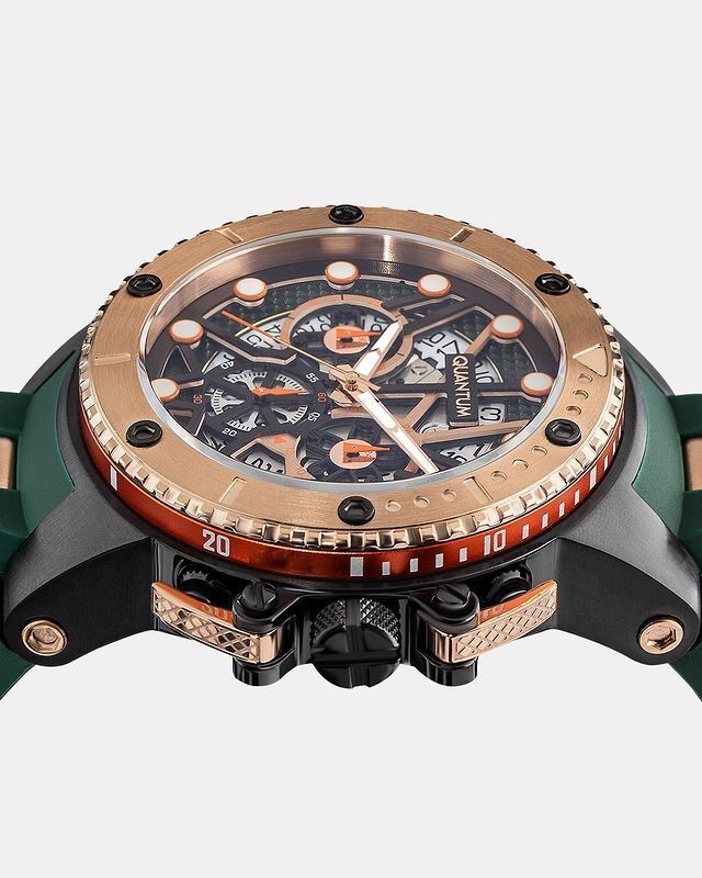 Quantum HNG535.857 Erkek Spor Saat – Rose Gold&Siyah Çelik Kasa – Koyu Yeşil Silikon Kordon – Kronograf