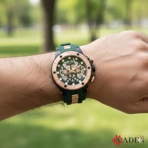 Quantum HNG535.857 Erkek Spor Saat – Rose Gold&Siyah Çelik Kasa – Koyu Yeşil Silikon Kordon – Kronograf