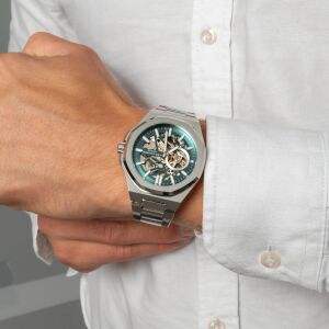 Lee Cooper Erkek Kol Saati | 43 mm Çelik Kasa, Mavi Skeleton Kadran, Otomatik Mekanizma