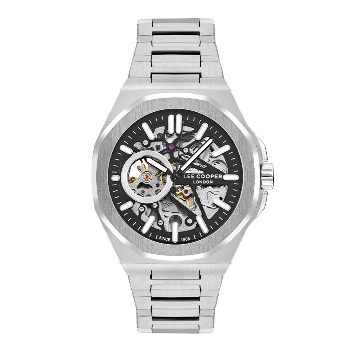 Lee Cooper Erkek 43 mm Çelik Kasa, Siyah Kadran, Otomatik Kol Saati