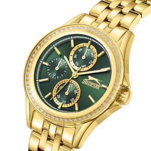 Slazenger Kadın 34 mm Çelik Kasa Altın Renk Çelik Kordon Koyu Yeşil Kadran Multifonksiyon Kol Saati