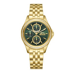 Slazenger Kadın 34 mm Çelik Kasa Altın Renk Çelik Kordon Koyu Yeşil Kadran Multifonksiyon Kol Saati