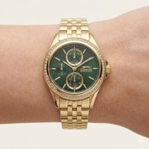 Slazenger Kadın 34 mm Çelik Kasa Altın Renk Çelik Kordon Koyu Yeşil Kadran Multifonksiyon Kol Saati