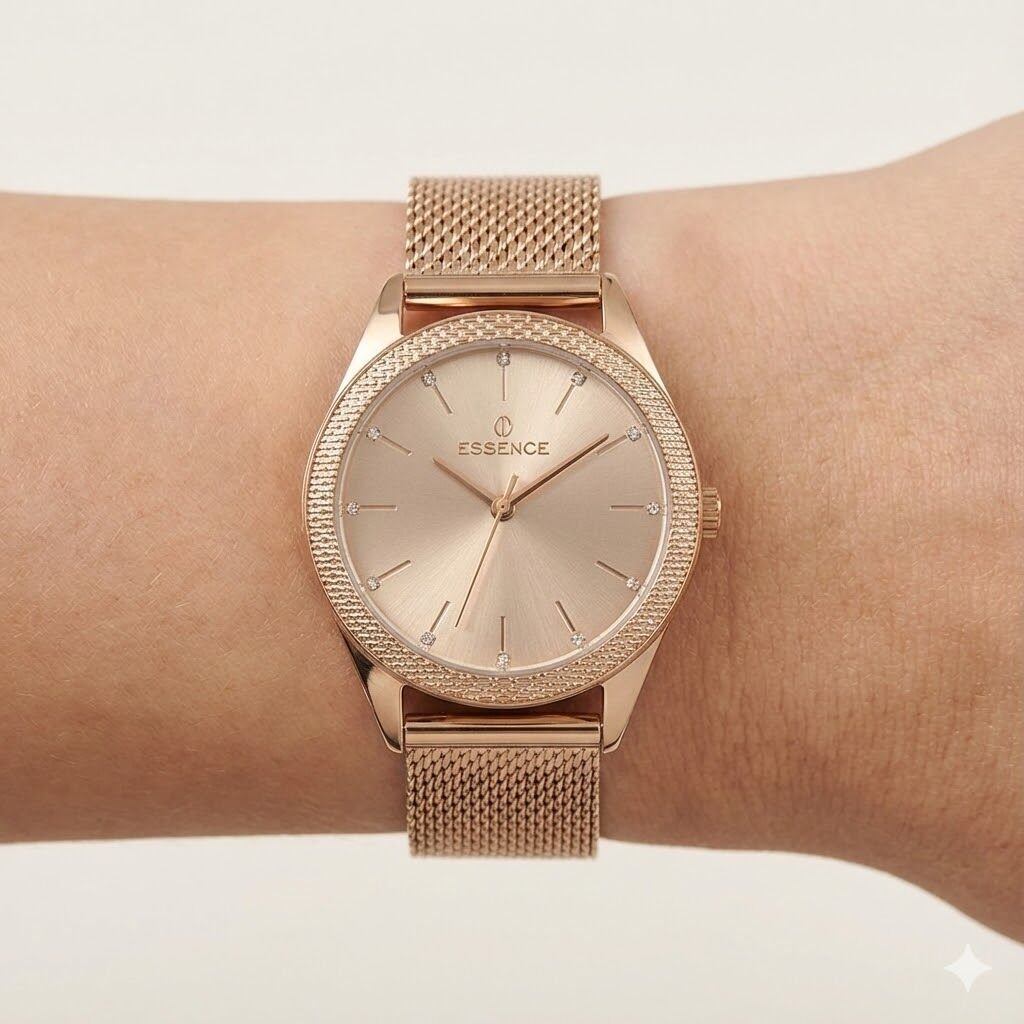 Essence Kadın 34 mm Çelik Kasa Rose Gold Hasır Kordon Rose Gold Kadran Analog Kol Saati