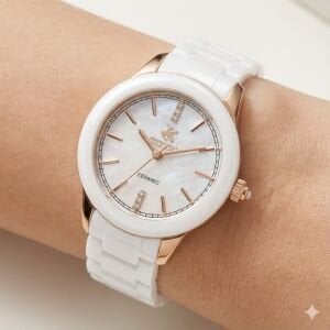 Beverly Hills Polo Club Kadın 35 mm Çelik Kasa, Beyaz Seramik Kordon, Sedef Kadran Kol Saati