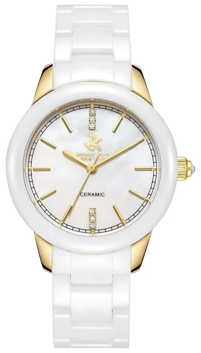 Beverly Hills Polo Club Kadın Kol Saati | 35mm Çelik Kasa, Beyaz Seramik Kordon, Sedef Kadran, 5 ATM