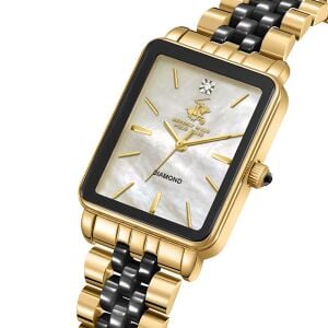 Beverly Hills Polo Club Pırlantalı Kadın Kol Saati | 24 mm Çelik Dikdörtgen Kasa, Sarı-Siyah Çelik Kordon, 24mm