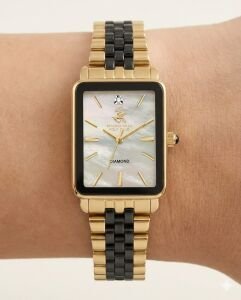 Beverly Hills Polo Club Pırlantalı Kadın Kol Saati | 24 mm Çelik Dikdörtgen Kasa, Sarı-Siyah Çelik Kordon, 24mm