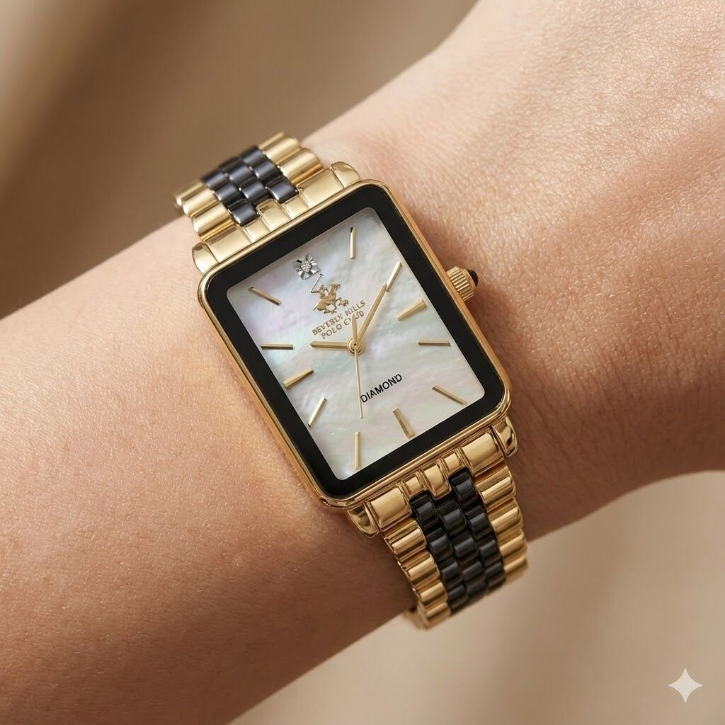 Beverly Hills Polo Club Pırlantalı Kadın Kol Saati | 24 mm Çelik Dikdörtgen Kasa, Sarı-Siyah Çelik Kordon, 24mm