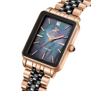 Beverly Hills Polo Club Pırlantalı Kadın Kol Saati | 24 mm Çelik Kasa, Siyah-Rose Gold Çelik Kordon, Sedef Kadran