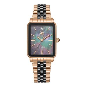 Beverly Hills Polo Club Pırlantalı Kadın Kol Saati | 24 mm Çelik Kasa, Siyah-Rose Gold Çelik Kordon, Sedef Kadran
