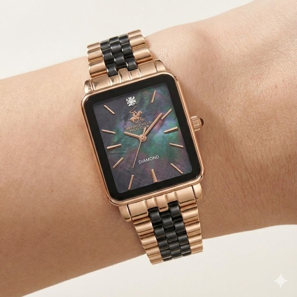 Beverly Hills Polo Club Pırlantalı Kadın Kol Saati | 24 mm Çelik Kasa, Siyah-Rose Gold Çelik Kordon, Sedef Kadran