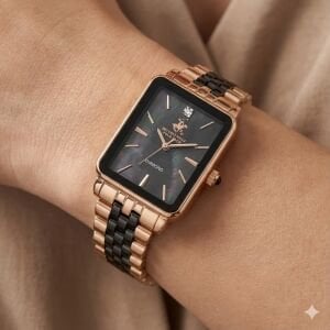Beverly Hills Polo Club Pırlantalı Kadın Kol Saati | 24 mm Çelik Kasa, Siyah-Rose Gold Çelik Kordon, Sedef Kadran