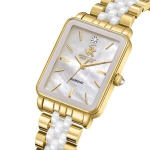 Beverly Hills Polo Club Pırlantalı Kadın Kol Saati | 24 mm Çelik Kasa Altın Renk Dikdörtgen Kasa, Sedef Kadran, 5ATM