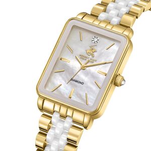 Beverly Hills Polo Club Pırlantalı Kadın Kol Saati | 24 mm Çelik Kasa Altın Renk Dikdörtgen Kasa, Sedef Kadran, 5ATM