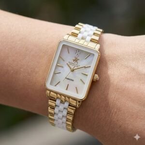 Beverly Hills Polo Club Pırlantalı Kadın Kol Saati | 24 mm Çelik Kasa Altın Renk Dikdörtgen Kasa, Sedef Kadran, 5ATM