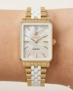 Beverly Hills Polo Club Pırlantalı Kadın Kol Saati | 24 mm Çelik Kasa Altın Renk Dikdörtgen Kasa, Sedef Kadran, 5ATM