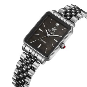 Beverly Hills Polo Club Pırlantalı Kadın Kol Saati | 24 mm Çelik Kasa, Gümüş-Siyah Çelik Kordon, Safir Cam