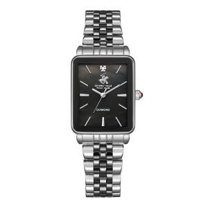 Beverly Hills Polo Club Pırlantalı Kadın Kol Saati | 24 mm Çelik Kasa, Gümüş-Siyah Çelik Kordon, Safir Cam