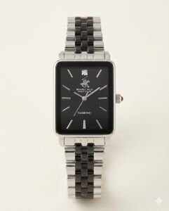 Beverly Hills Polo Club Pırlantalı Kadın Kol Saati | 24 mm Çelik Kasa, Gümüş-Siyah Çelik Kordon, Safir Cam