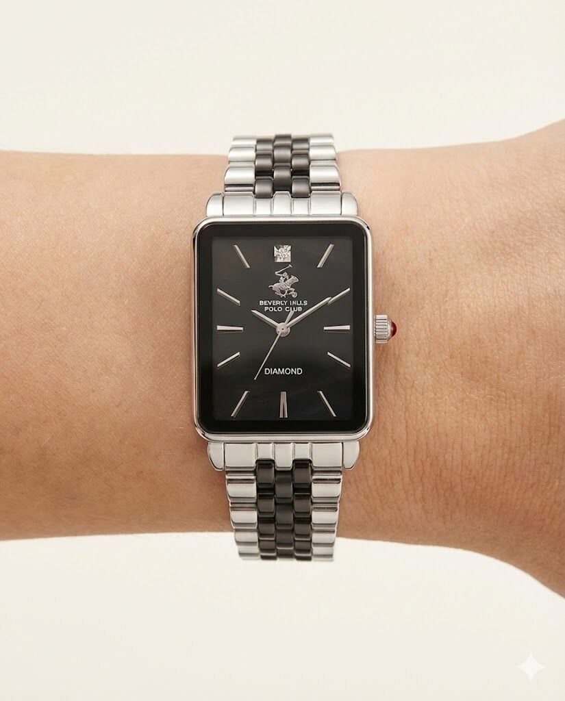 Beverly Hills Polo Club Pırlantalı Kadın Kol Saati | 24 mm Çelik Kasa, Gümüş-Siyah Çelik Kordon, Safir Cam