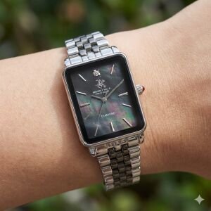 Beverly Hills Polo Club Pırlantalı Kadın Kol Saati | 24 mm Çelik Kasa, Gümüş-Siyah Çelik Kordon, Safir Cam