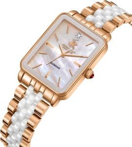 Beverly Hills Polo Club Pırlantalı Kadın Kol Saati | 24 mm Rose Gold Dikdörtgen Kasa, Rose Gold-Beyaz Çelik Kordon, Sedef Kadran
