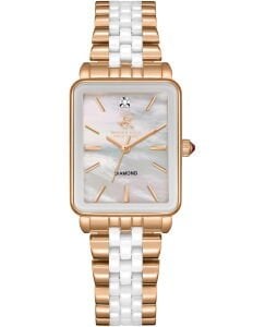 Beverly Hills Polo Club Pırlantalı Kadın Kol Saati | 24 mm Rose Gold Dikdörtgen Kasa, Rose Gold-Beyaz Çelik Kordon, Sedef Kadran