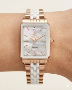 Beverly Hills Polo Club Pırlantalı Kadın Kol Saati | 24 mm Rose Gold Dikdörtgen Kasa, Rose Gold-Beyaz Çelik Kordon, Sedef Kadran