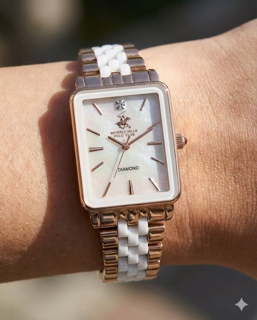 Beverly Hills Polo Club Pırlantalı Kadın Kol Saati | 24 mm Rose Gold Dikdörtgen Kasa, Rose Gold-Beyaz Çelik Kordon, Sedef Kadran