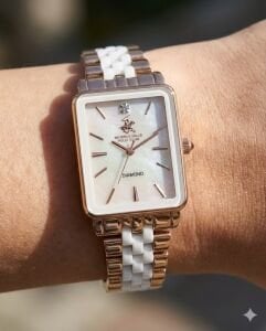 Beverly Hills Polo Club Pırlantalı Kadın Kol Saati | 24 mm Rose Gold Dikdörtgen Kasa, Rose Gold-Beyaz Çelik Kordon, Sedef Kadran