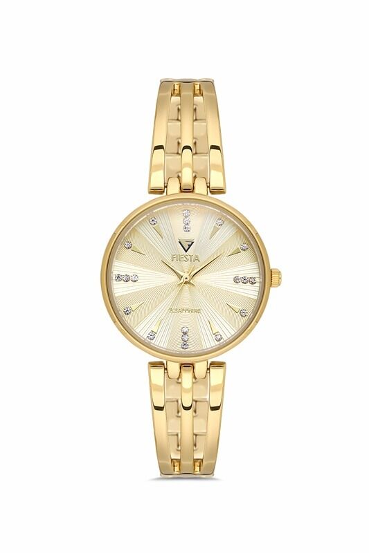 Fiesta Kadın Kol Saati | 36 mm Altın Renk Çelik Kasa, Altın Renk Çelik Kordon, Safir Cam