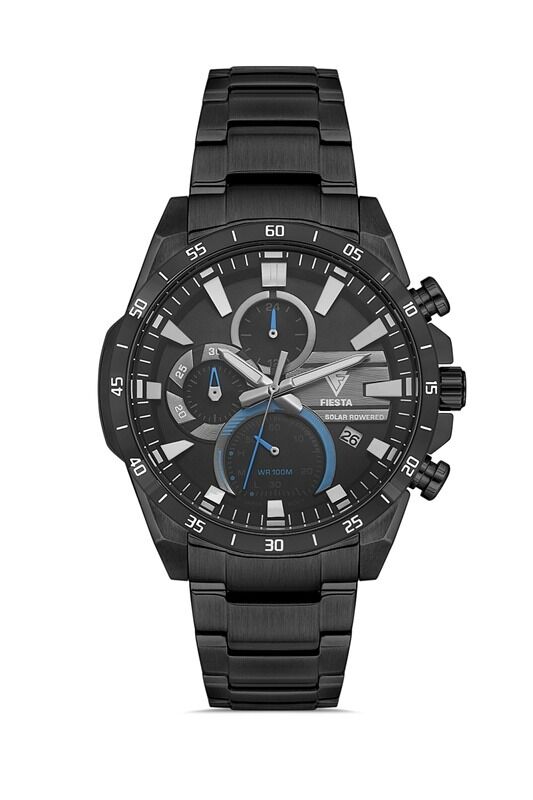 Fiesta Erkek Kol Saati | 41 mm Çelik Kasa, Siyah Çelik Kordon, Solar Powered, Safir Cam, 5 ATM