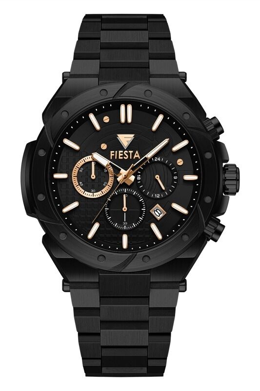 Fiesta Erkek Kol Saati |  46 mm Çelik Kasa, Çelik Siyah Kordon, Safir Cam, 5ATM Su Geçirmez