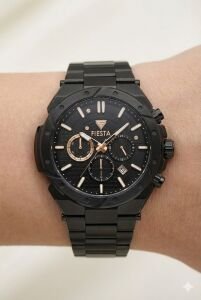 Fiesta Erkek Kol Saati |  46 mm Çelik Kasa, Çelik Siyah Kordon, Safir Cam, 5ATM Su Geçirmez