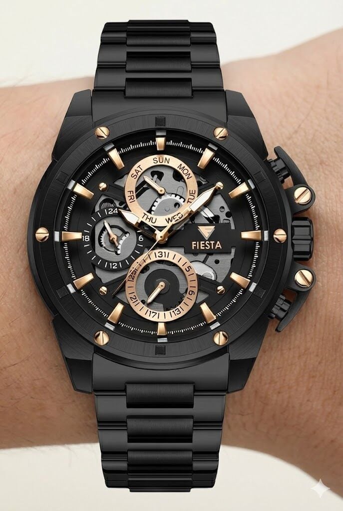 Fiesta Erkek Kol Saati | 48 mm Siyah Çelik Kasa, Siyah Çelik Kordon, Safir Cam