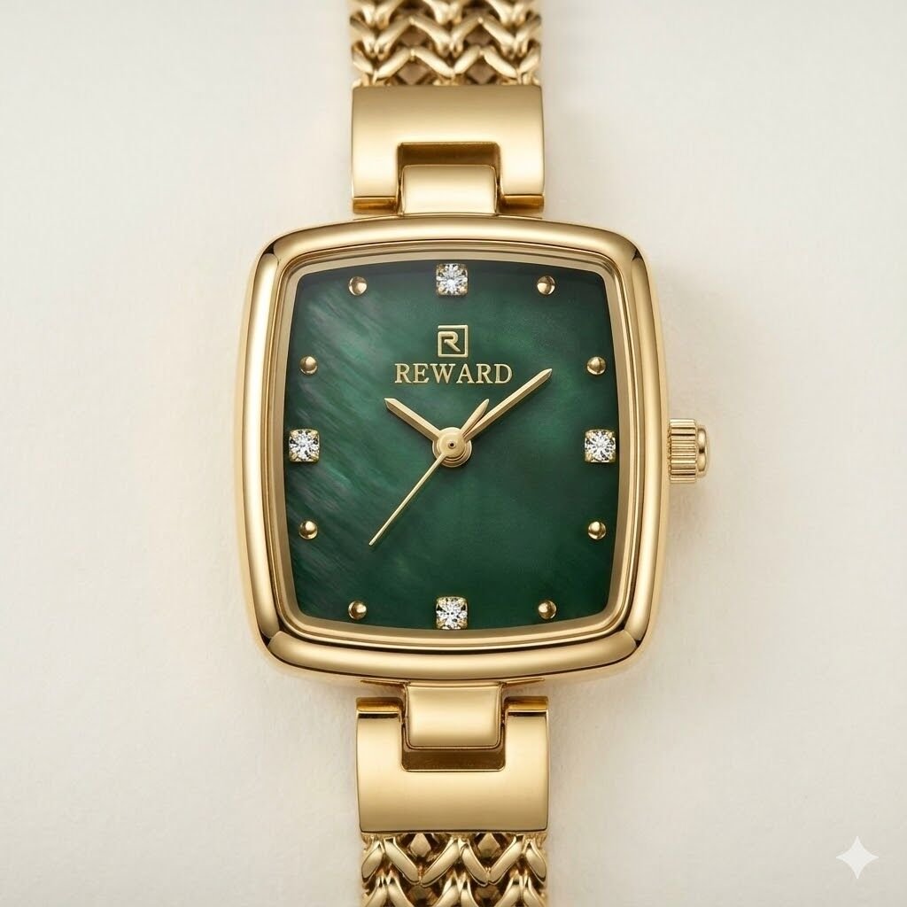 Reward Kadın Kol Saati | 22 mm Altın Renk Çelik Kasa, Yeşil Kadran, Mineral Cam, Zarif Tasarım