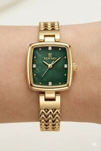 Reward Kadın Kol Saati | 22 mm Altın Renk Çelik Kasa, Yeşil Kadran, Mineral Cam, Zarif Tasarım