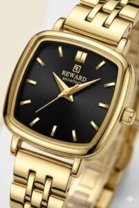 Reward Kadın Kol Saati | 24 mm Çelik Kasa, Siyah Kadran, Altın Renk Kordon, Mineral Cam