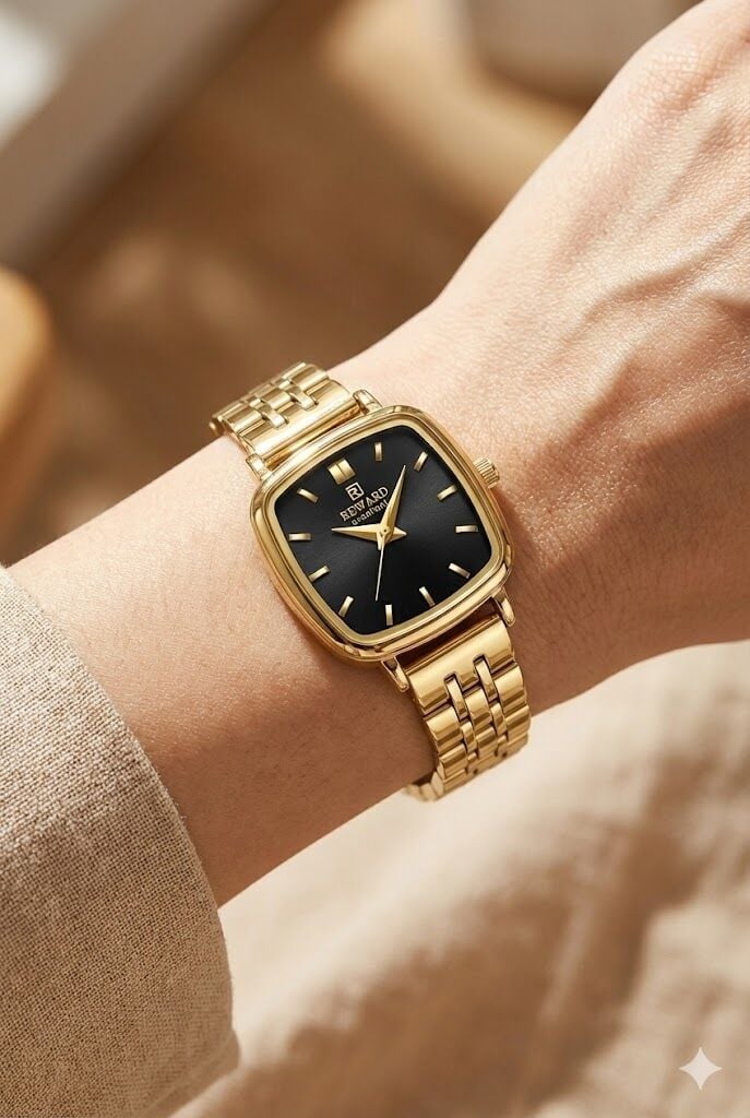 Reward Kadın Kol Saati | 24 mm Çelik Kasa, Siyah Kadran, Altın Renk Kordon, Mineral Cam