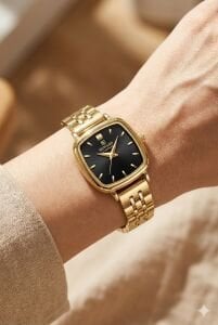 Reward Kadın Kol Saati | 24 mm Çelik Kasa, Siyah Kadran, Altın Renk Kordon, Mineral Cam